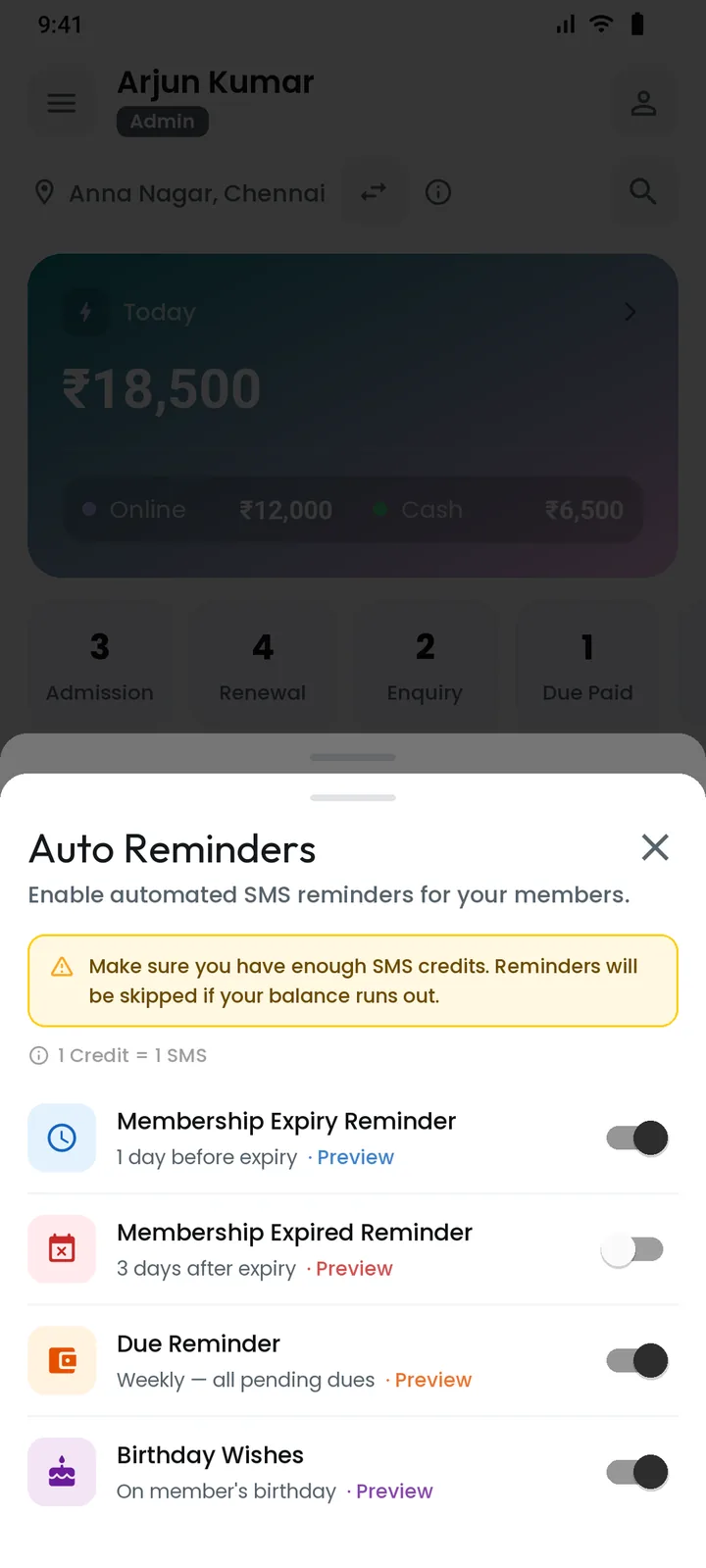 Automatic membership expiry, expired, due and birthday SMS reminders in GymOps