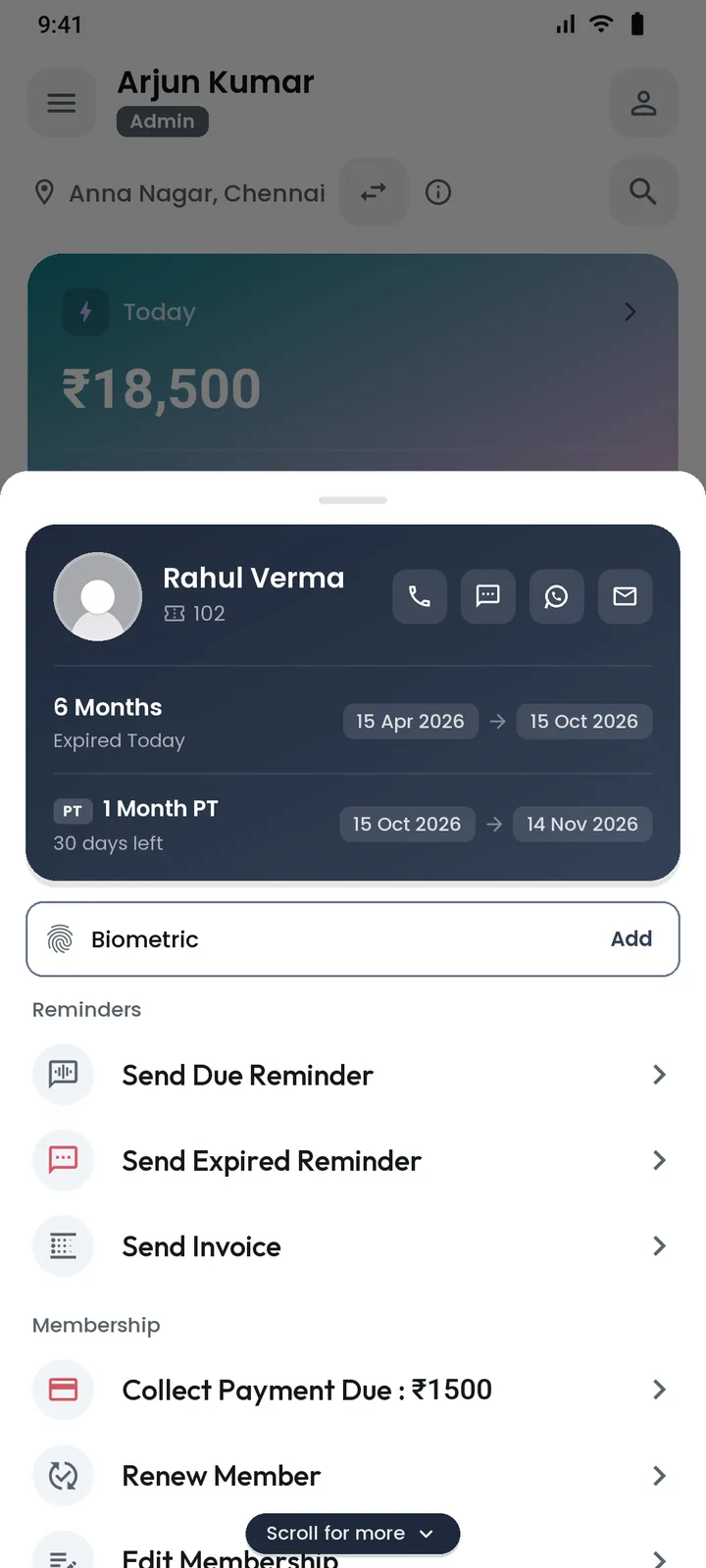 Gym member profile with membership and PT plan dates, reminders and due collection